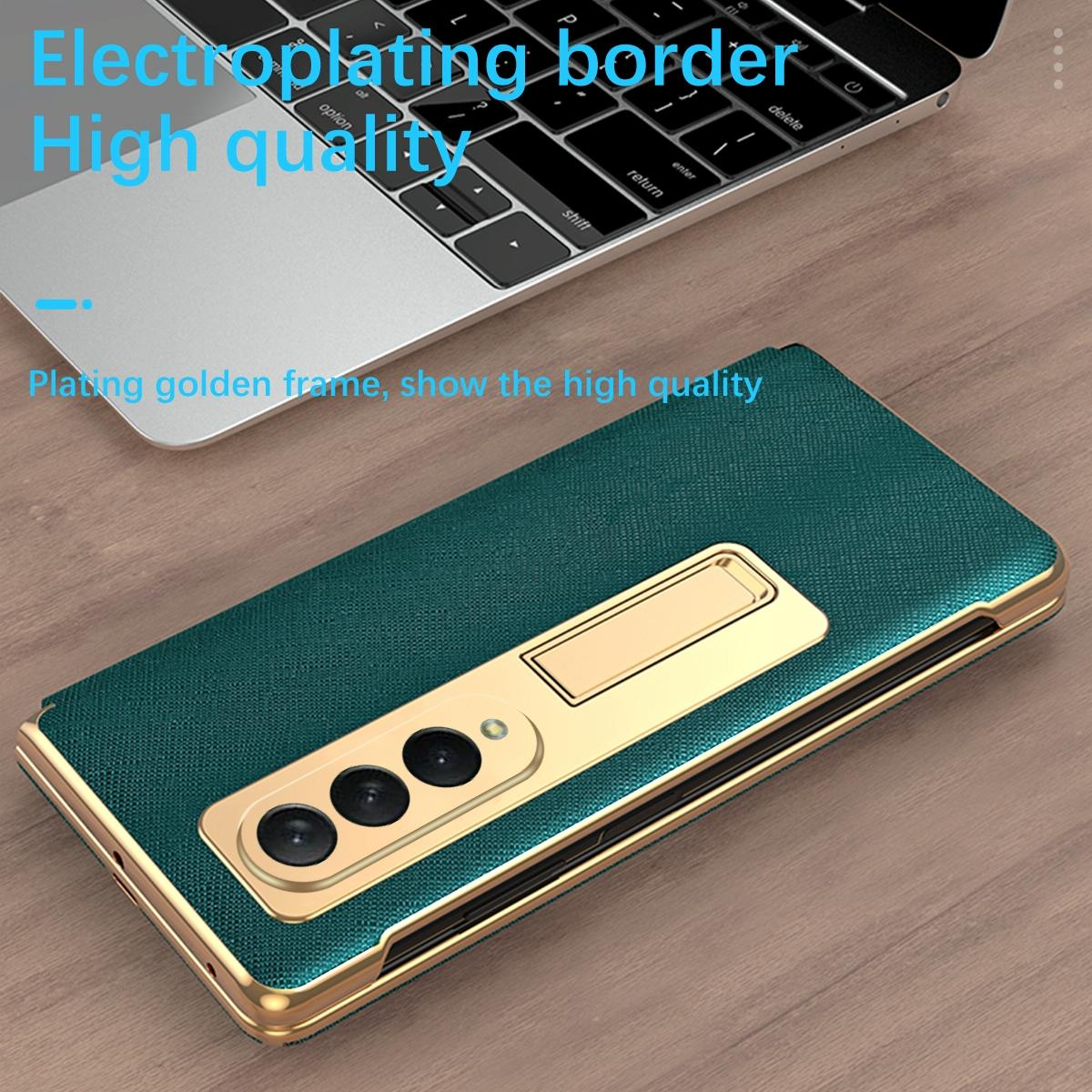 For Samsung Galaxy Z Fold4 5G Flip Case With Tempered Film - Textured Hinge - Cyan