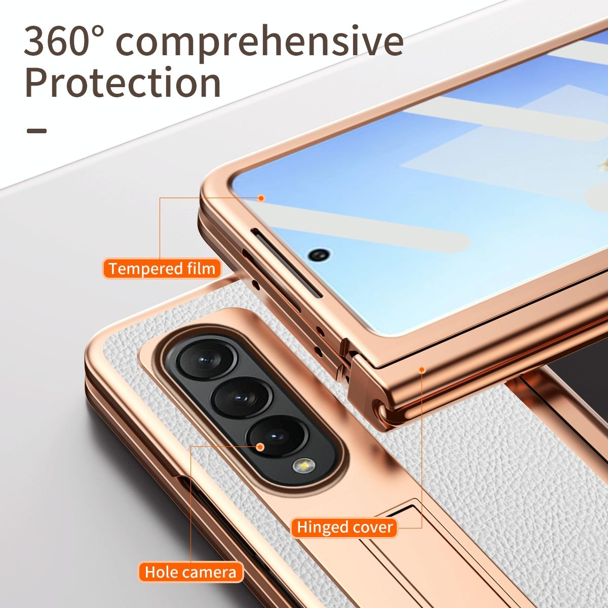 For Samsung Galaxy Z Fold4 5G Premium Litchi Leather Hinged Phone Case - With Pen - White