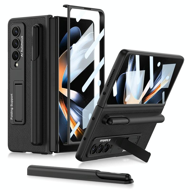 For Samsung Galaxy Z Fold4 5G Leather Case With Holder & Pen Slots - Thin & Shockproof - Cross Texture