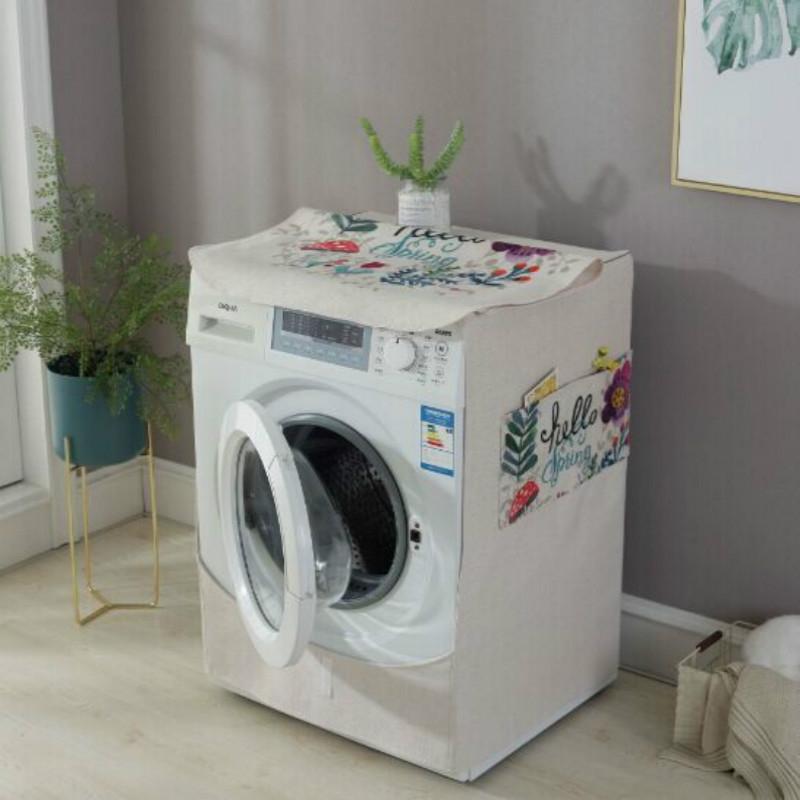 Cartoon Cotton Linen Drum Roller Washing Machine Dust Cover - 83x60x60cm Size - Blue Flower