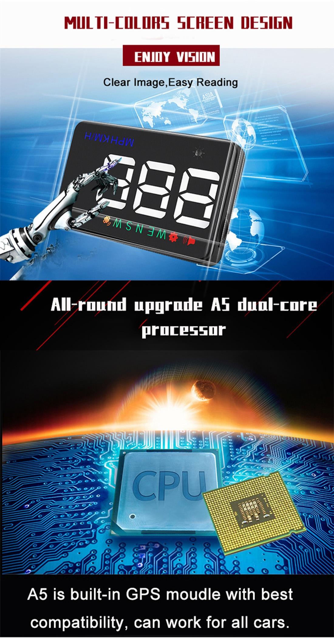 3.5 Inch Car Hud With Gps 2 Display Modes Light Sensors Speed & Compass Speed Alarm - Green Light