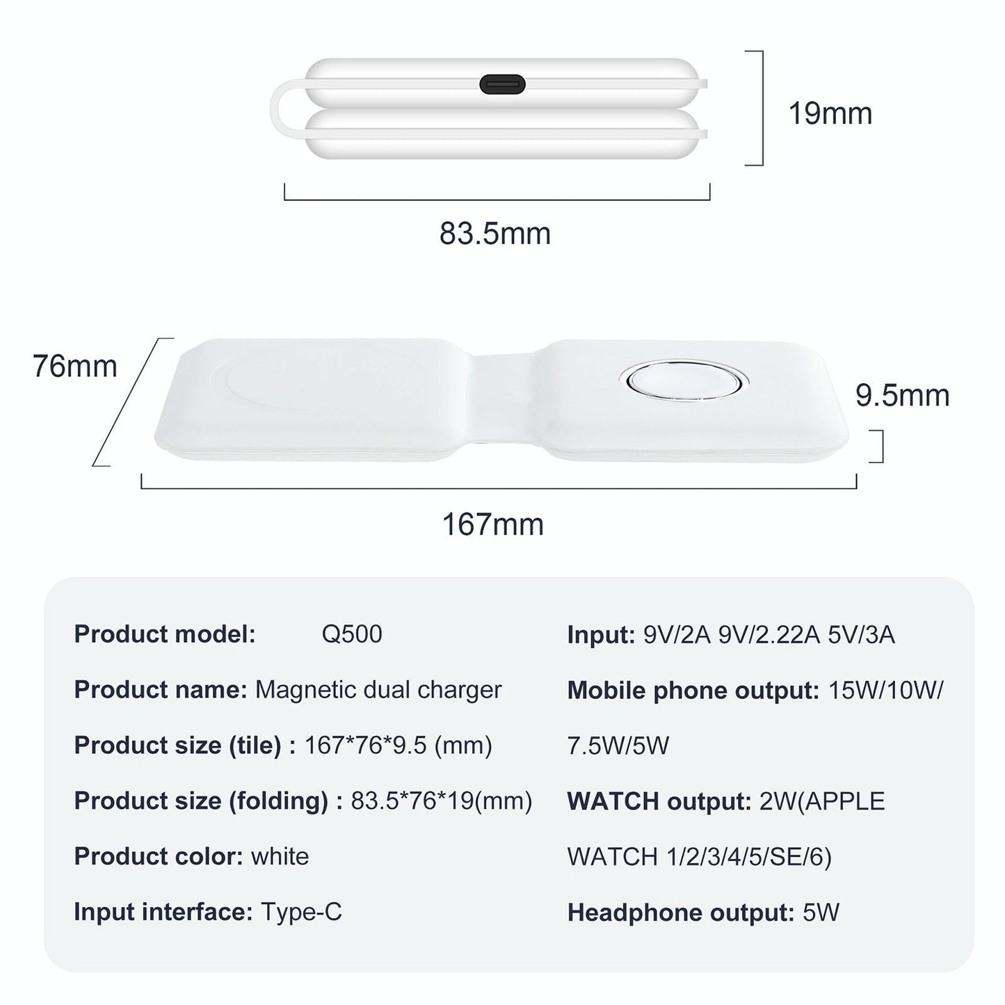 Foldable Dual Wireless Charger For Phones Iwatch Airpods - White