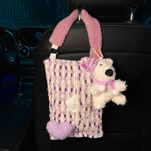 Cute Purple Bear Car Tissue Holder - Woven Design