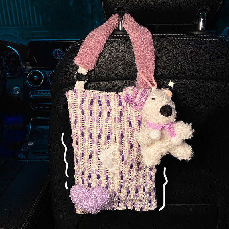 Cute Purple Bear Car Tissue Holder - Woven Design
