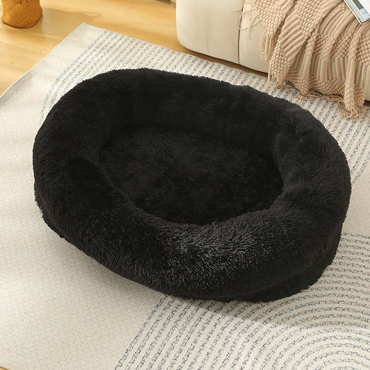Fluffy Donut-Shaped Pet Bed- Soft, Cozy, and Anti-Anxiety for Dogs and Cats, Machine Washable  Black Size:M 75*55*18cm