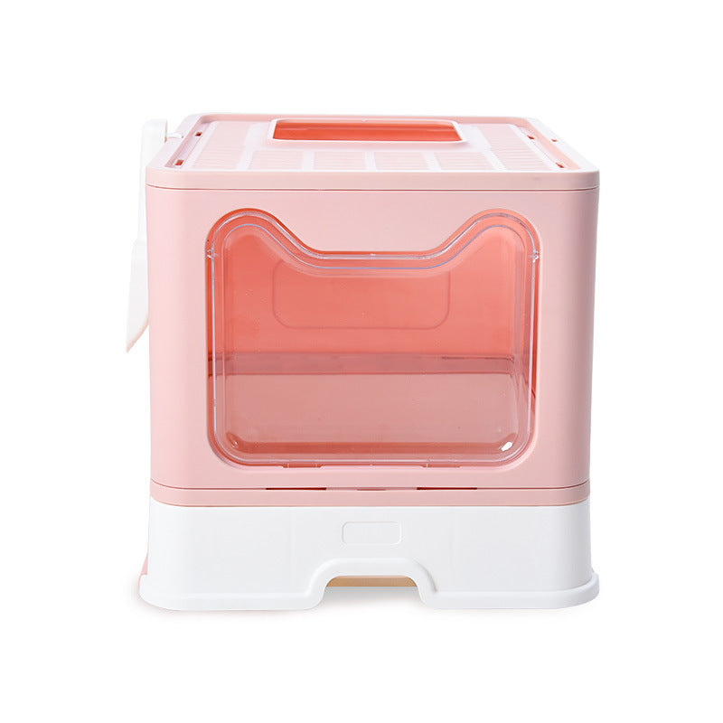 Foldable Cat Litter Box with Pull-Out Tray -Easy Cleaning and Anti-Splash Design  Pink 51*41*38cm