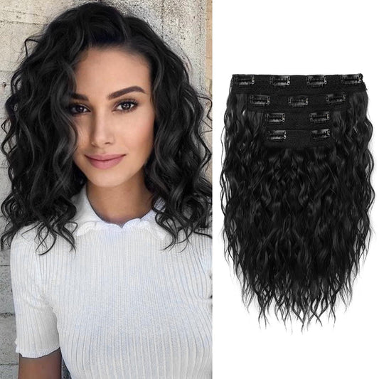 Black 12-Inch Clip-in Wavy Hair Extensions - 4-Piece Set,  Easy to Apply, Instant Volume Boost