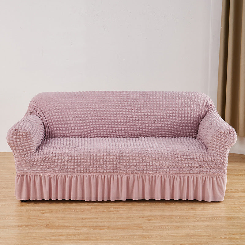 Pink Three-person Sofa Bubble Gauze Sofa Cover with Skirt - Full Elastic Dustproof Three-person Seater 190-230cm