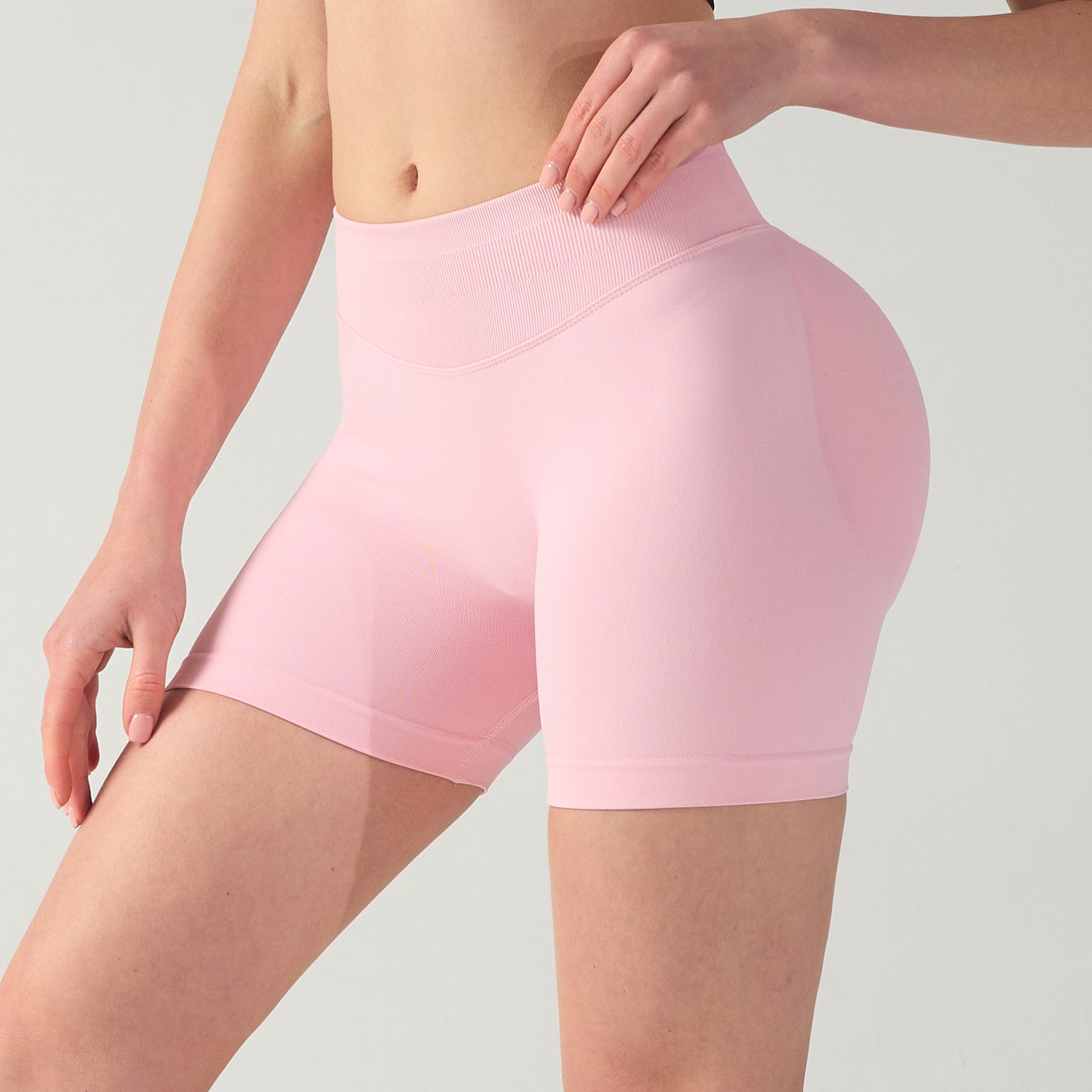M Pink High-Elastic Hip Yoga Shorts - Seamless Mid-Intensity Pilates Workout Shorts