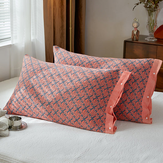 Red B pattern Snap-On Cotton Gauze Pillowcase Set - Full Coverage, Non-Slip, Easy Closure (One pair without pillow core)