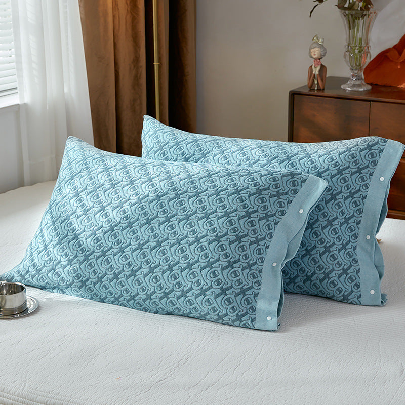 Blue B pattern Snap-On Cotton Gauze Pillowcase Set - Full Coverage, Non-Slip, Easy Closure (One pair without pillow core)