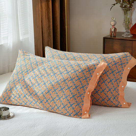 Orange B pattern Snap-On Cotton Gauze Pillowcase Set - Full Coverage, Non-Slip, Easy Closure (One pair without pillow core)