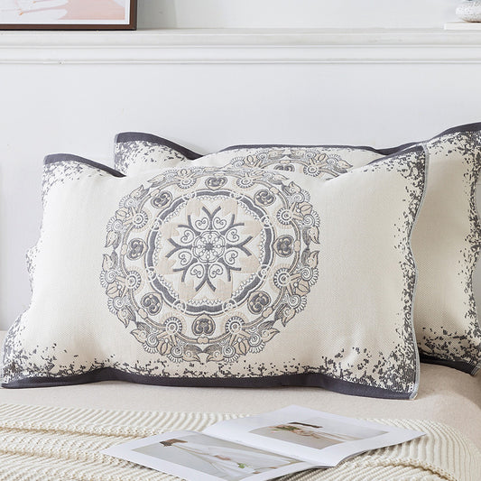 Pair of Gray Circular Pattern Tied Cotton Gauze Pillow Cover - Secure Fit, Premium Comfort (Insert Not Included)