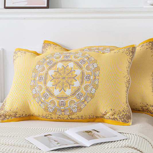 Pair of Yellow Circular Pattern Tied Cotton Gauze Pillow Cover - Secure Fit, Premium Comfort (Insert Not Included)