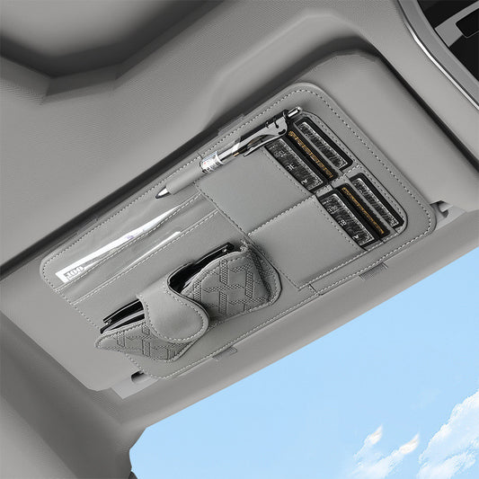 Gray Car Organizer - Sun Visor Clip with Sunglasses Holder, Card Holder, Cash Pocket