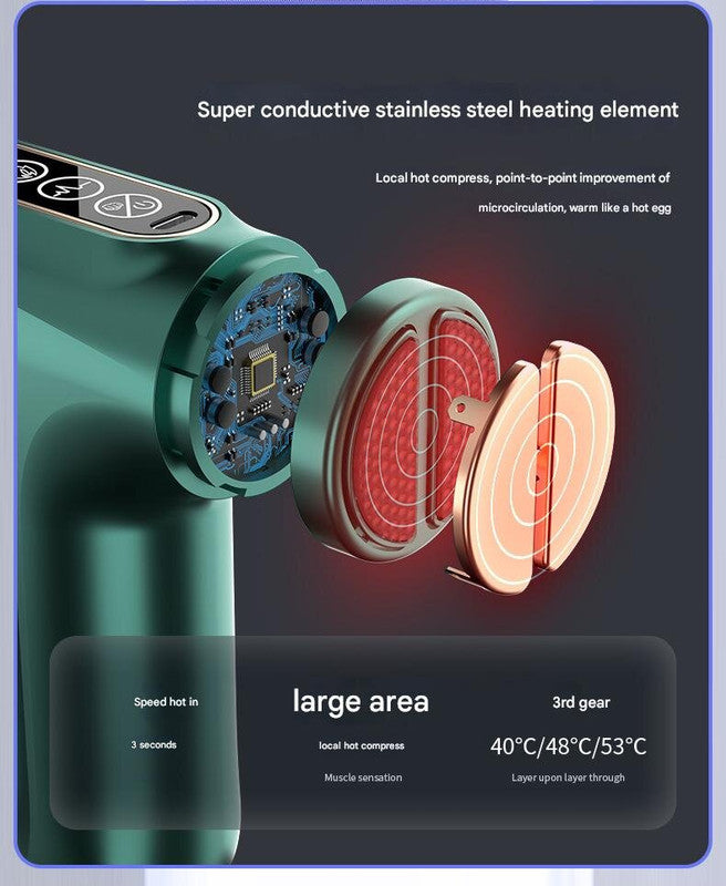 Green Heated Mini Fascia Massage Gun - LCD Display, Muscle Recovery Tool, 32 Adjustable Levels