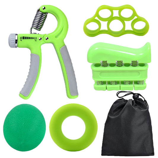 Green 5-Piece Hand Grip Strength Training Set - Adjustable Grip Exerciser, Silicone Grip Rings & Grip Ball
