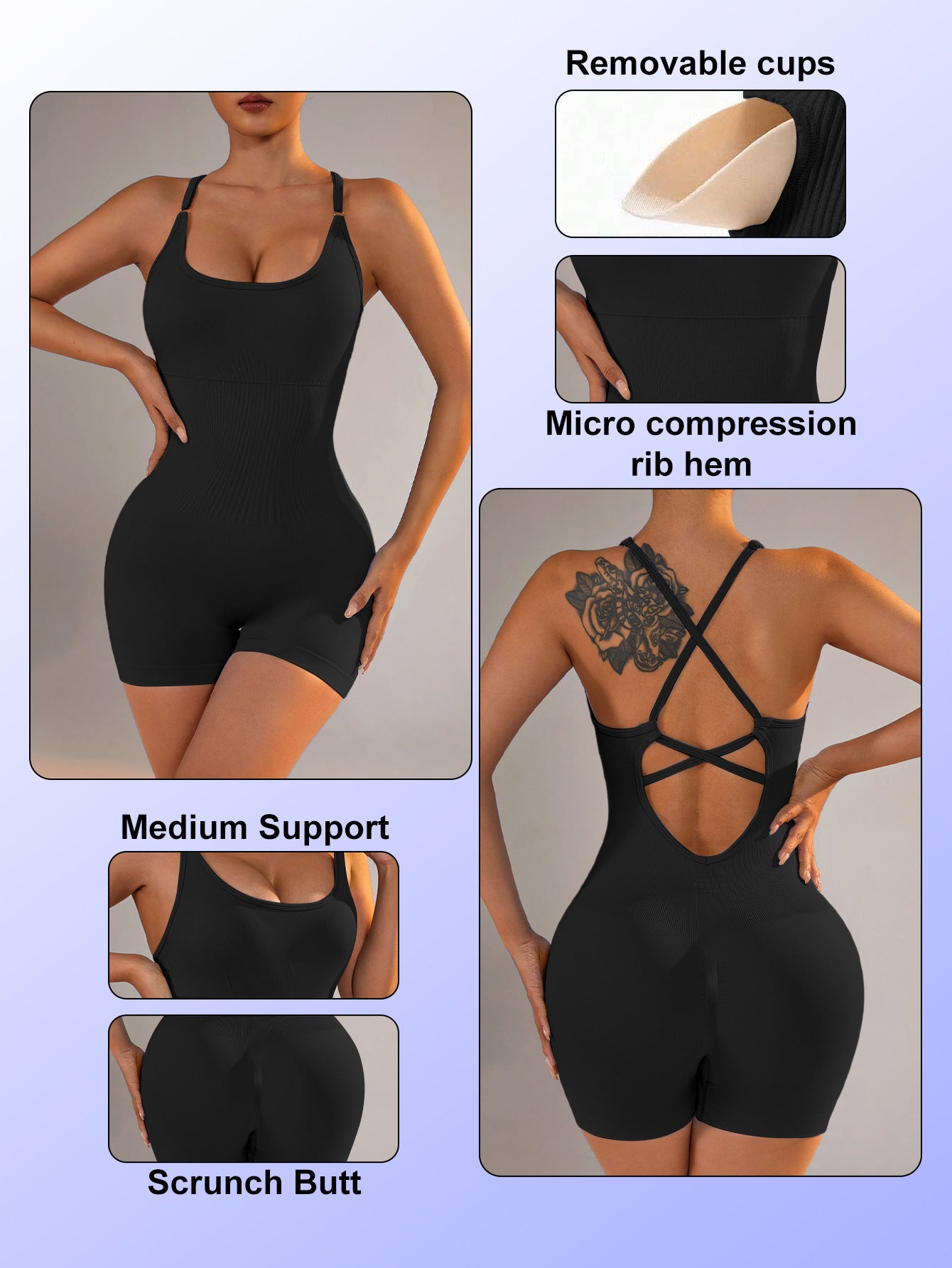 Size M Black Nylon Seamless Yoga Bodysuit - Women's Athletic Romper, Crisscross Back, Workout Jumpsuit