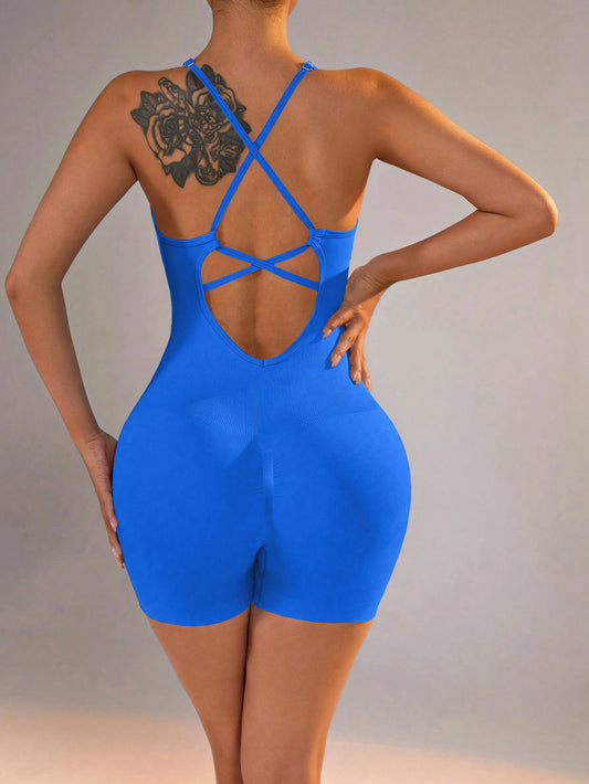 Size L Royal Blue Nylon Seamless Yoga Bodysuit - Women's Athletic Romper, Crisscross Back, Workout Jumpsuit