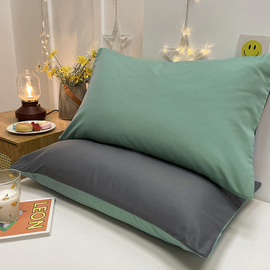 Green And Grey Washed Cotton Pillowcase Set - Solid Color, Simple Two-Tone Design, 48x74cm (Pair)