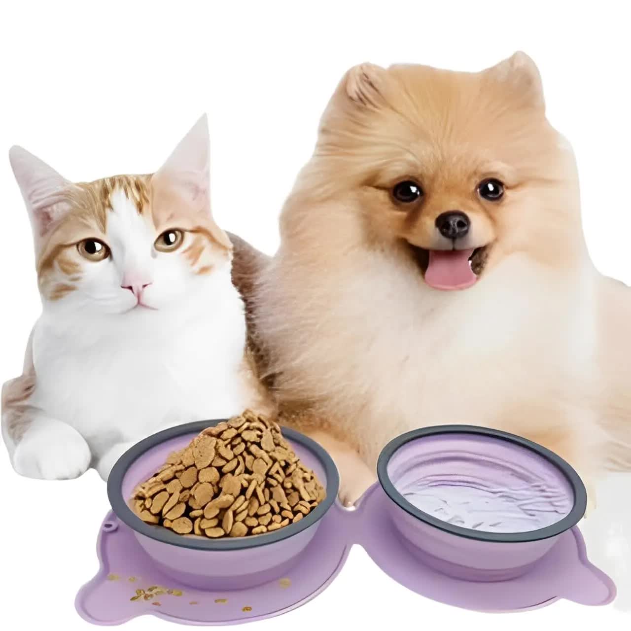 Purple Portable Collapsible Pet Bowl Set - Food-Grade Silicone Double Bowl for Dogs & Cats, Anti-Slip & Easy to Clean