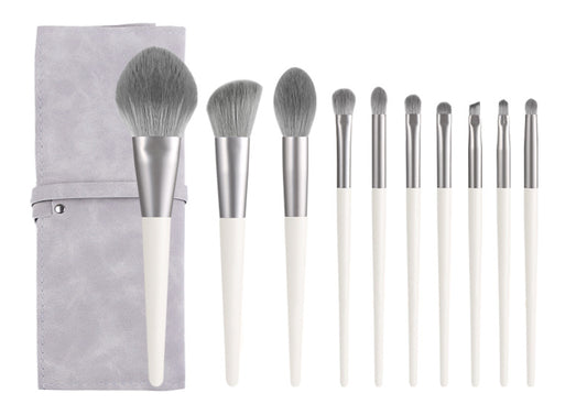 Silver Gray (Brush + Bag) 10 Piece Face Eye Makeup Brush Set - Premium Makeup Blending Brushes