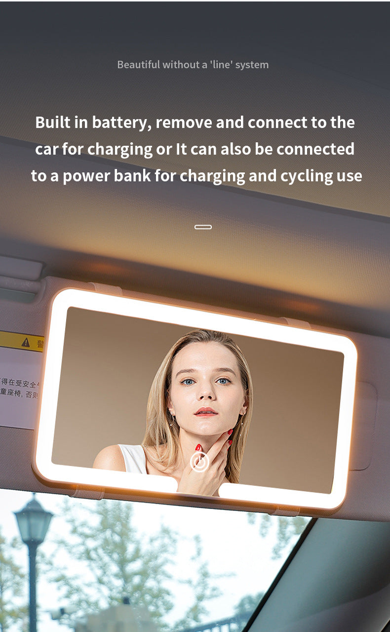 White Single button Car Sun Visor Makeup Mirror with LED Light - Tri-Color, Touch Control