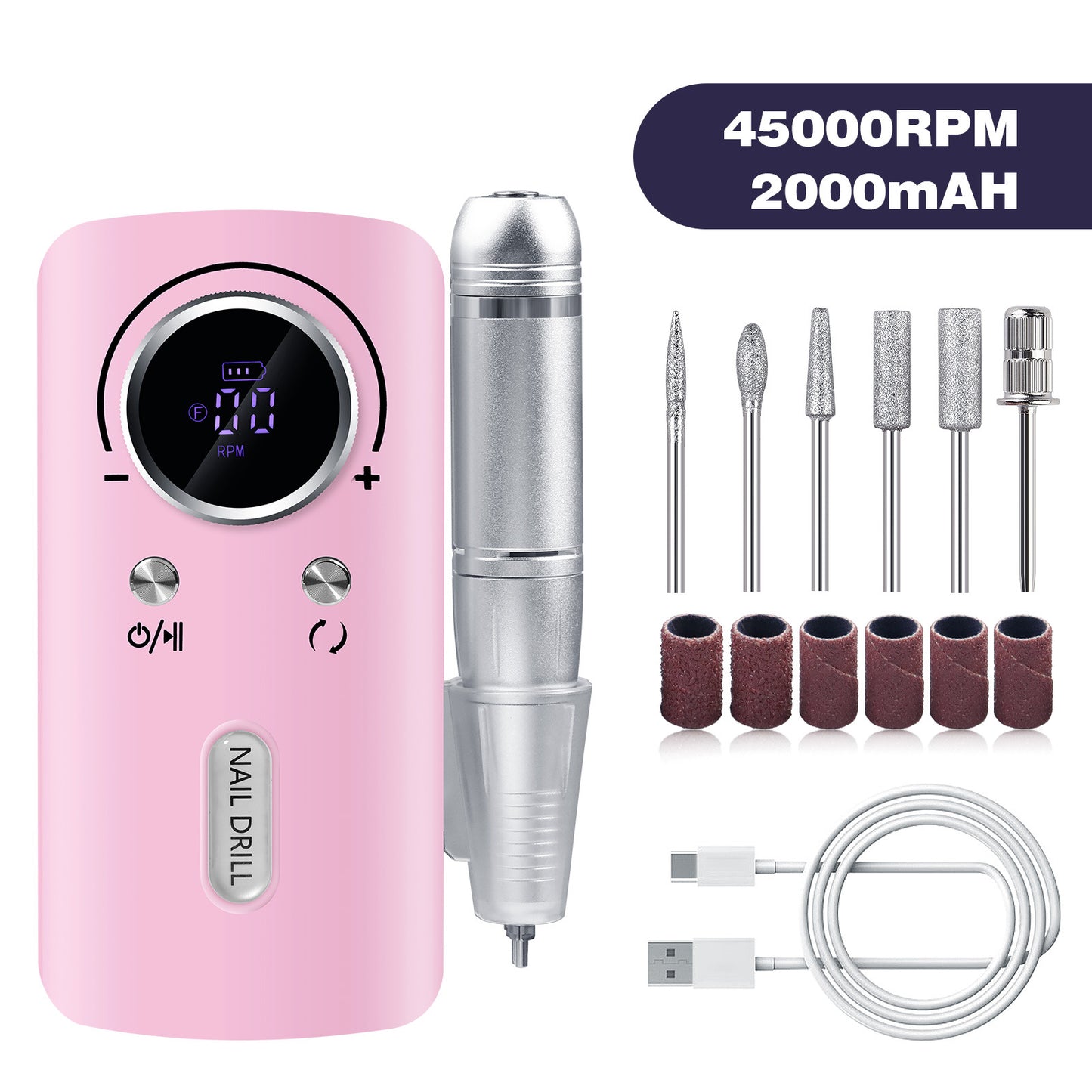 Pink Professional Electric Nail Drill, 45000RPM Rechargeable Nail Grinder Polisher for Salon & Home Use