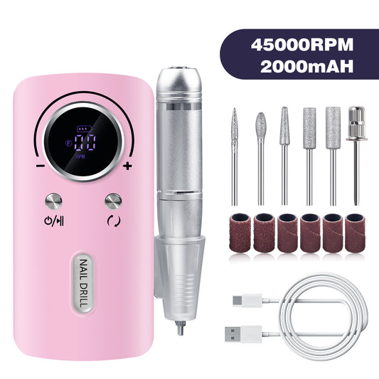 Pink Professional Electric Nail Drill, 45000RPM Rechargeable Nail Grinder Polisher for Salon & Home Use