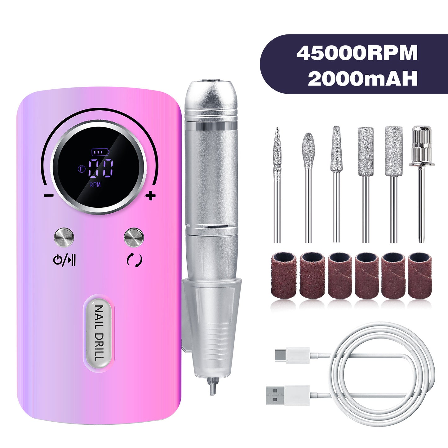 Purple Professional Electric Nail Drill, 45000RPM Rechargeable Nail Grinder Polisher for Salon & Home Use