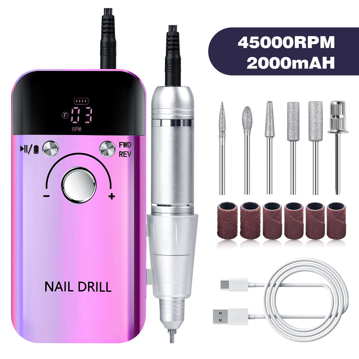 Purple High Speed Portable Nail Drill Set - Electric Nail File Set with 6 Nail Drill Bits