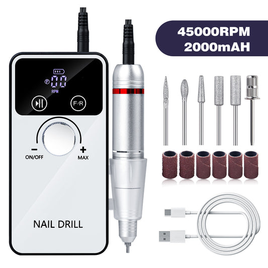 White Portable Electric Nail Drill - Rechargeable, Adjustable Speed, Low Vibration