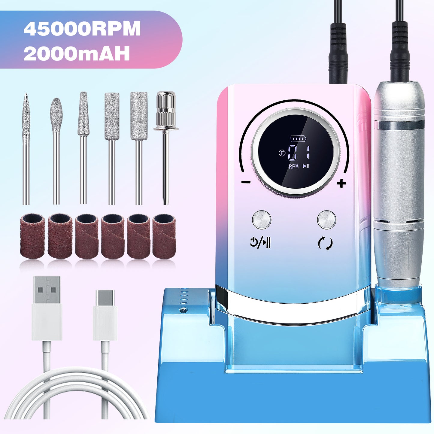 Pink+Blue Portable Electric Nail Drill - Rechargeable, Adjustable Speed, Low Vibration