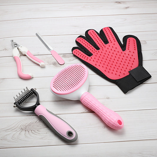 Pink 5-Piece Pet Grooming Kit - Cat & Dog Brushes, Nail Clippers & More