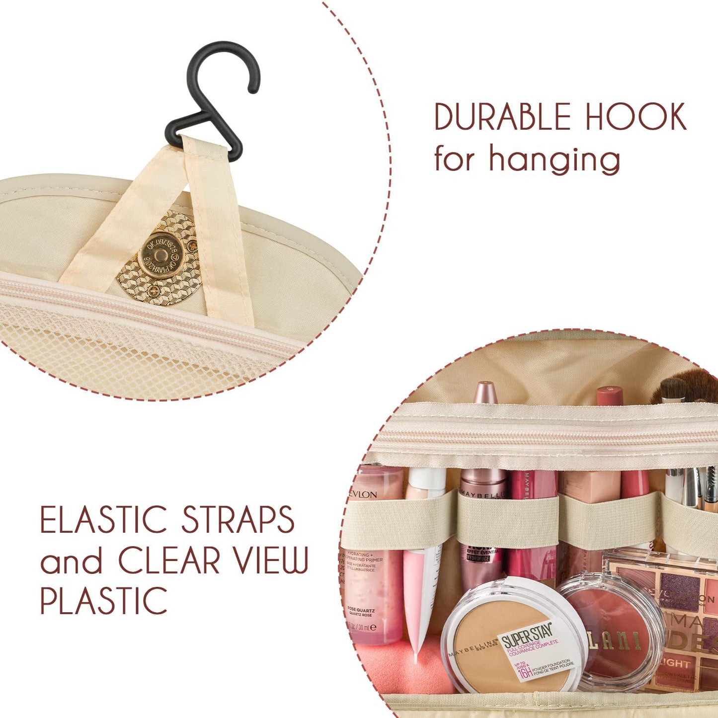 Beige Stylish Travel Makeup Organizer Bag with Hanging Hook - Waterproof & Spacious Design