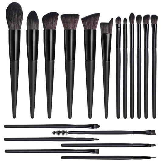 Black 18-Piece Makeup Brush Set - Professional Synthetic Fiber Brushes with Wooden Handles for Flawless Beauty