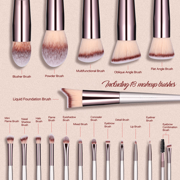 Pink 18-Piece Makeup Brush Set - Professional Synthetic Fiber Brushes with Wooden Handles for Flawless Beauty