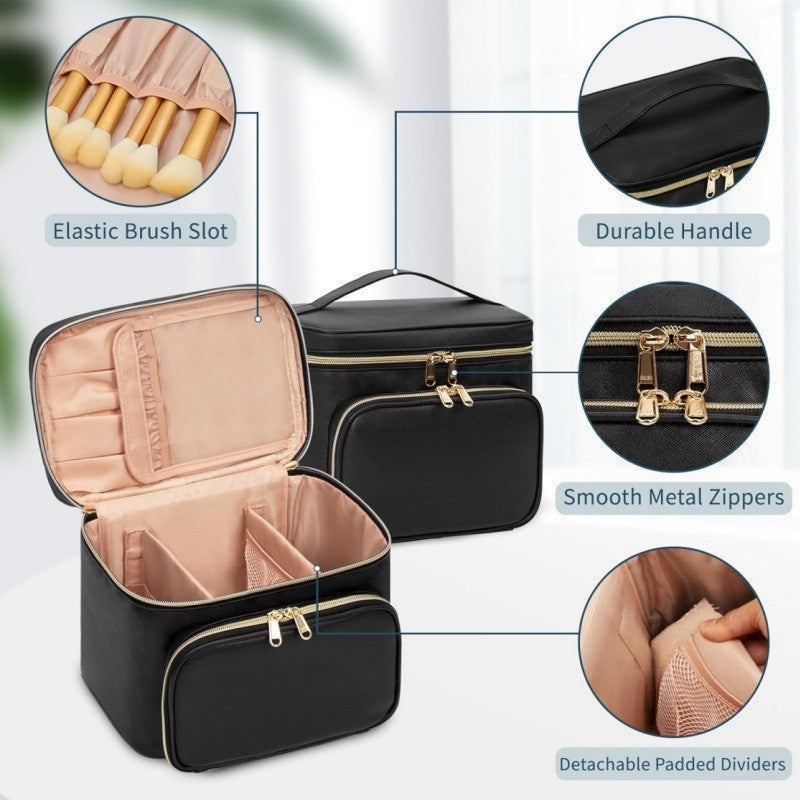Black Portable Travel Makeup Bag with Brush Compartment - Stylish PU Leather Cosmetic Organizer for Skincare and Toiletry Storage