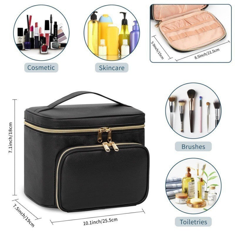 Pink Portable Travel Makeup Bag with Brush Compartment - Stylish PU Leather Cosmetic Organizer for Skincare and Toiletry Storage
