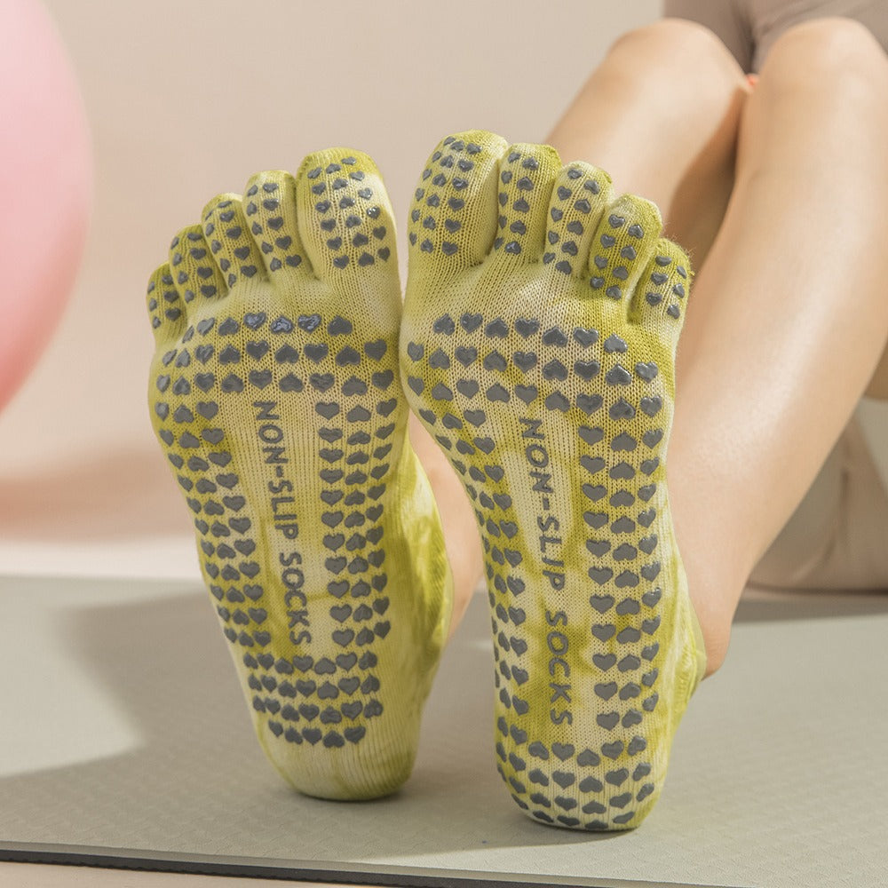 2 Pairs Blue Tie-Dye Non-Slip Yoga Socks for Women - Five-Toe Cotton Blend Socks for Pilates and Indoor Sports