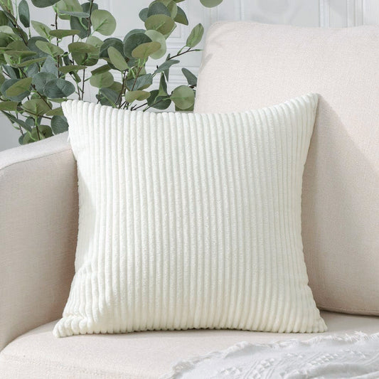 White Plush Striped Pillow Covers 45x45cm - Set of 4 Corduroy-Style Cushion Covers with Invisible Zipper, Soft and Washable for Sofa Decor