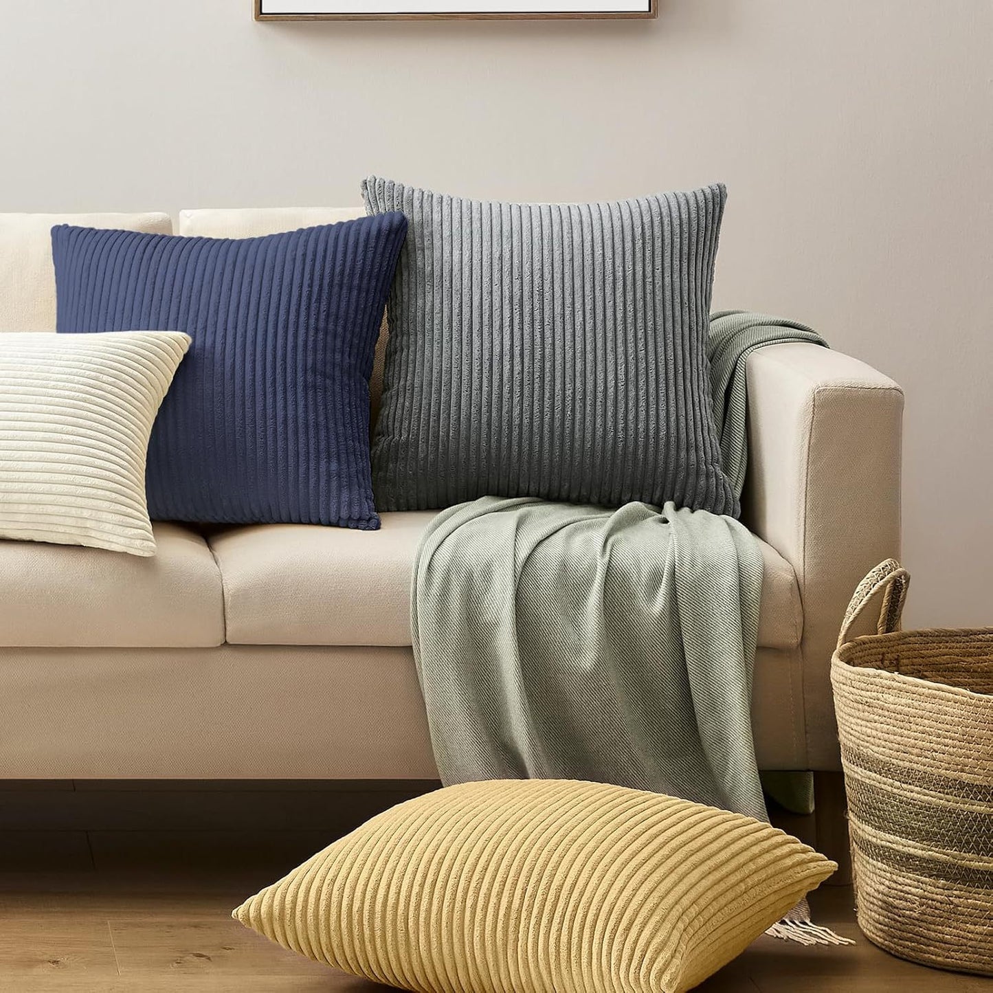 White Plush Striped Pillow Covers 45x45cm - Set of 4 Corduroy-Style Cushion Covers with Invisible Zipper, Soft and Washable for Sofa Decor