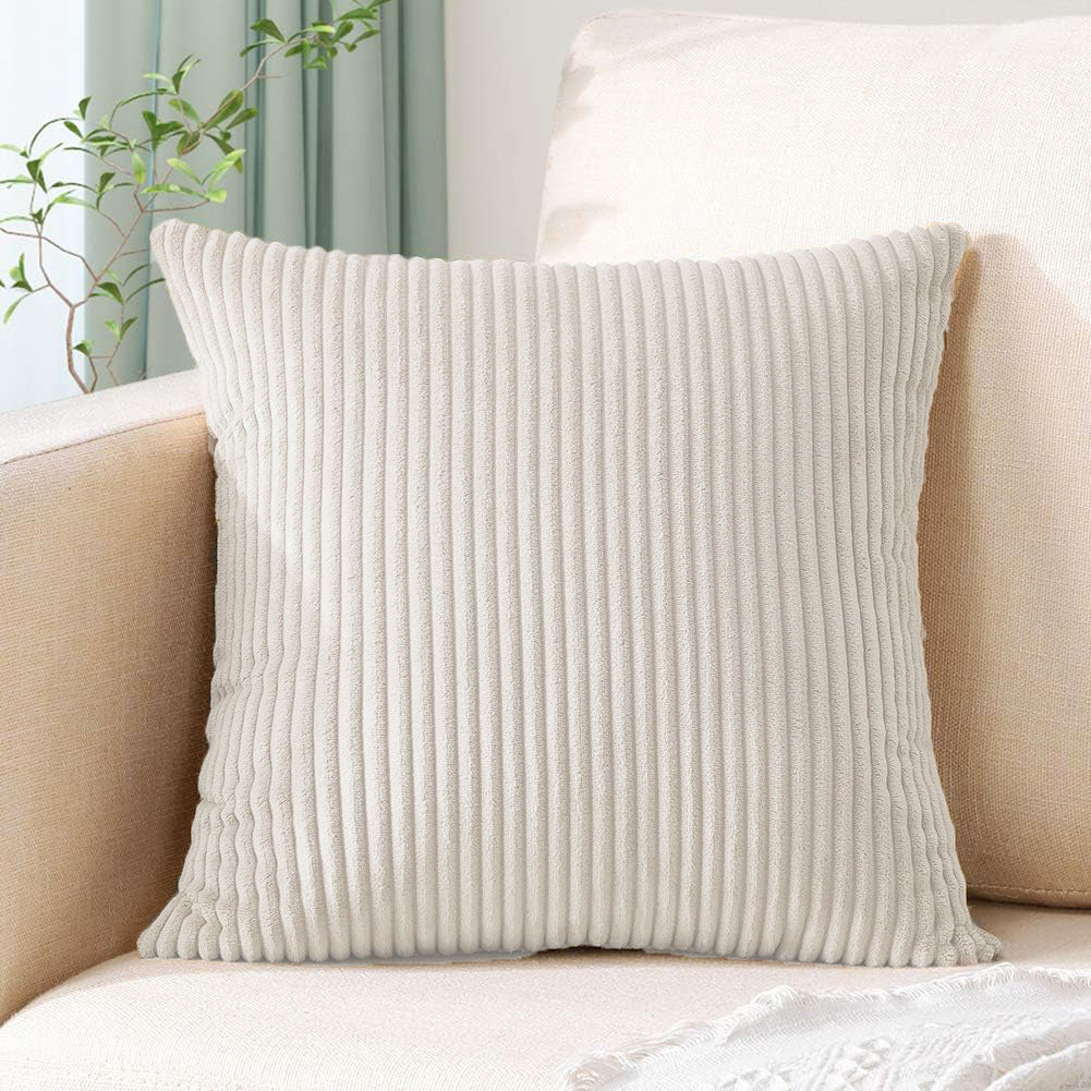 Beige Plush Striped Pillow Covers 45x45cm - Set of 4 Corduroy-Style Cushion Covers with Invisible Zipper, Soft and Washable for Sofa Decor