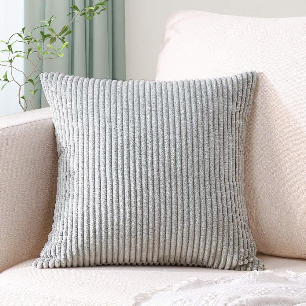 Light Grey Plush Striped Pillow Covers 45x45cm - Set of 4 Corduroy-Style Cushion Covers with Invisible Zipper, Soft and Washable for Sofa Decor