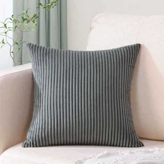 Dark Grey Plush Striped Pillow Covers 45x45cm - Set of 4 Corduroy-Style Cushion Covers with Invisible Zipper, Soft and Washable for Sofa Decor