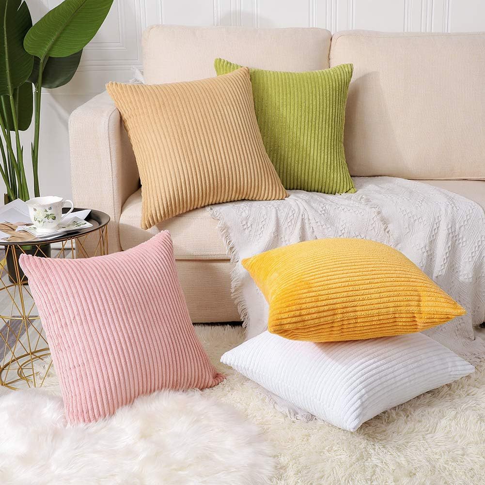 Dark Green Plush Striped Pillow Covers 45x45cm - Set of 4 Corduroy-Style Cushion Covers with Invisible Zipper, Soft and Washable for Sofa Decor