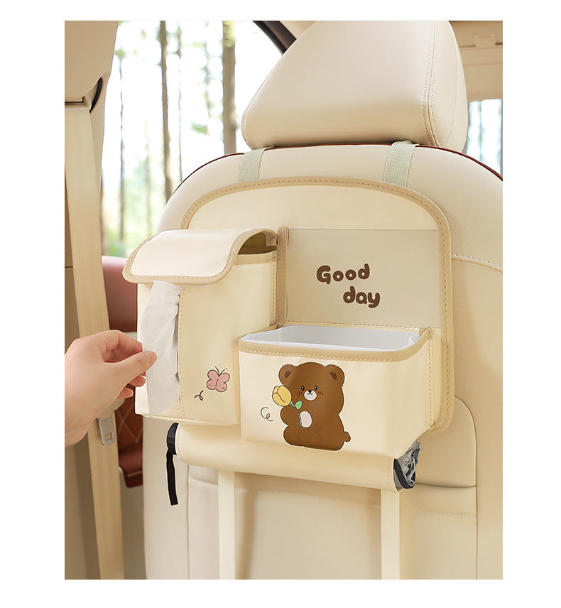 Beige Car Backseat Organizer with Multi-Pocket Storage and PP Trash Bin - 400g Lightweight PU Leather