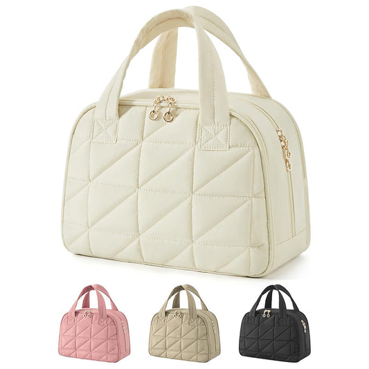 Beige Large Capacity Travel Toiletry Bag with Wide Opening - Puffy Nylon Makeup Organizer with Waterproof PVC Layer