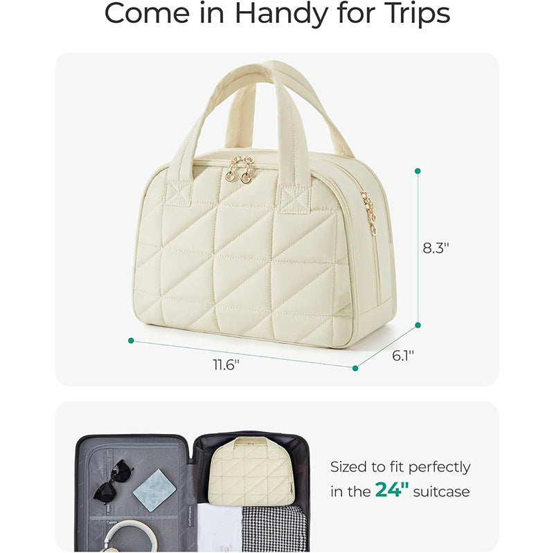 Black Large Capacity Travel Toiletry Bag with Wide Opening - Puffy Nylon Makeup Organizer with Waterproof PVC Layer