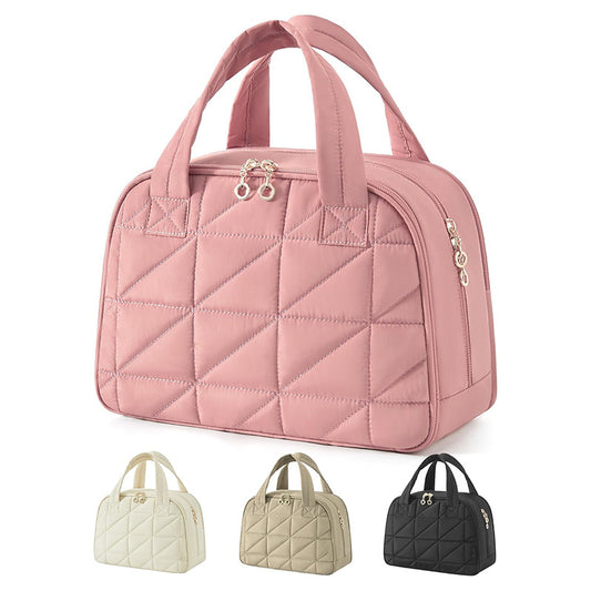 Pink Large Capacity Travel Toiletry Bag with Wide Opening - Puffy Nylon Makeup Organizer with Waterproof PVC Layer